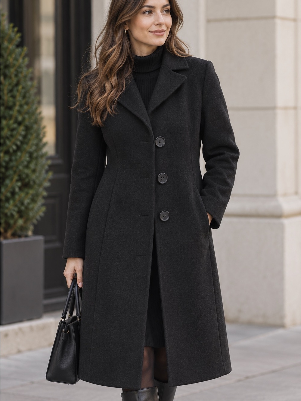 Classic Black Women's Wool-Blend Long Coat